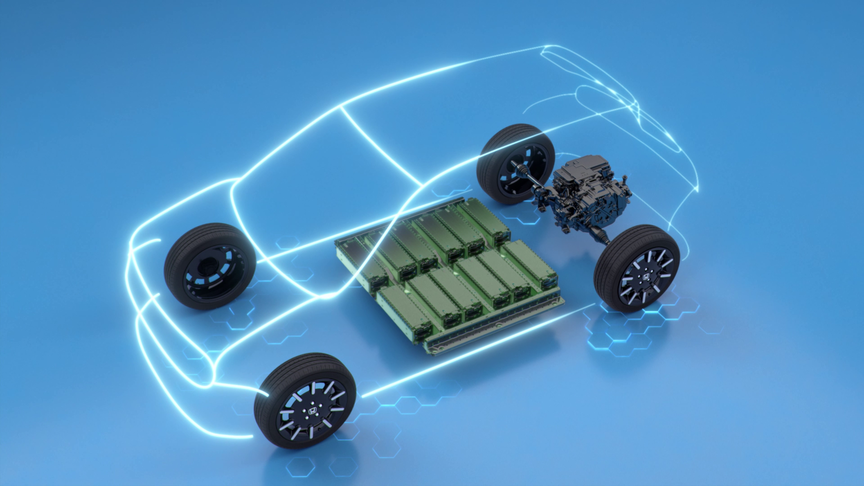 Vista frontale dall'alto a tre quarti delle dimensioni della batteria di un'auto elettrica