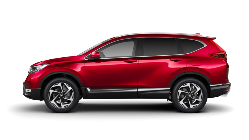 Vista laterale Honda CR-V in rosso cristallo metallizzato Premium.