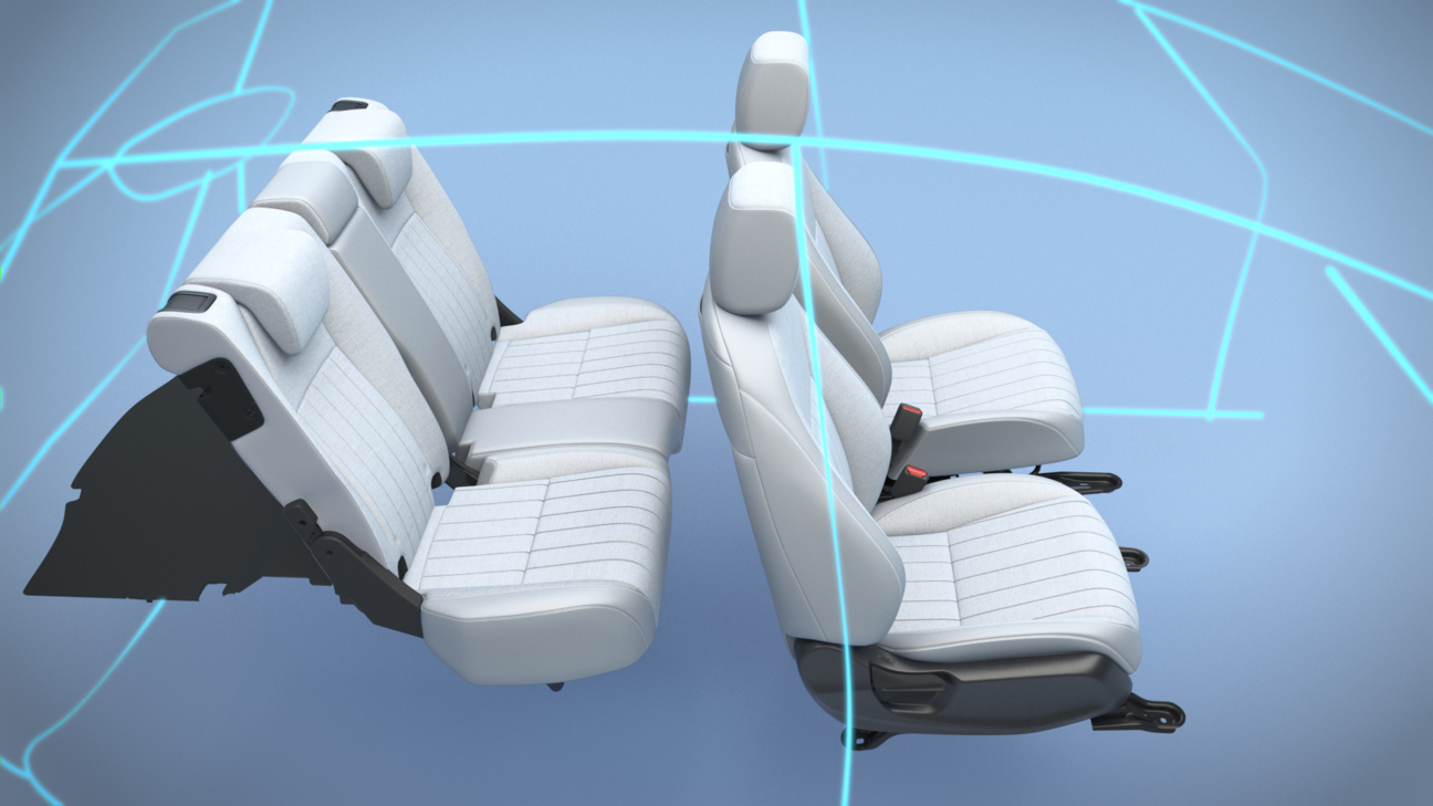 Sedili ibridi di Honda Jazz in una rappresentazione dell'auto in modalità wireframe