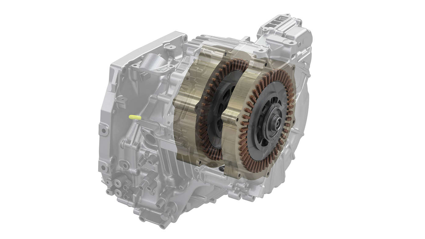 Primo piano dei motori generatore e di propulsione Honda Hybrid. 
