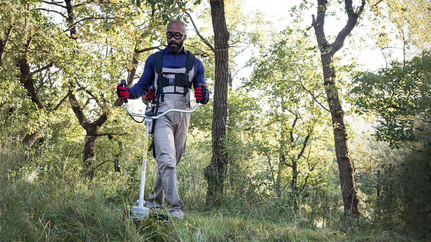 Decespugliatore utilizzato in un bosco da un uomo