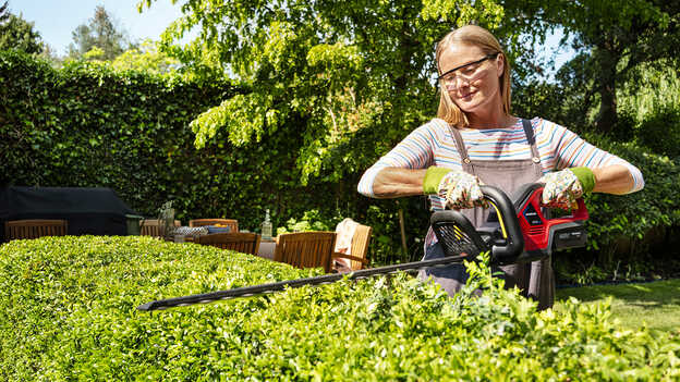 Donna che pota una siepe con il tagliasiepi a batteria Honda in un giardino.