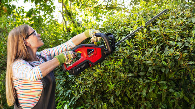 Donna che pota i cespugli con il tagliasiepi a batteria Honda in un giardino.