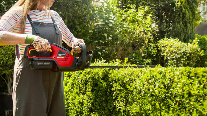 Una signora con il tagliasiepi a batteria Honda che taglia una siepe in un giardino