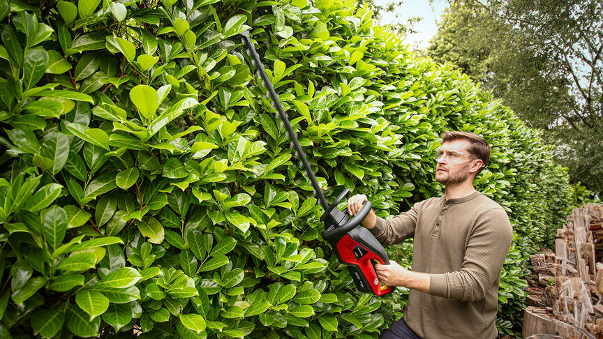 Donna che utilizza il tagliasiepi a batteria Honda per tagliare una siepe in un giardino.