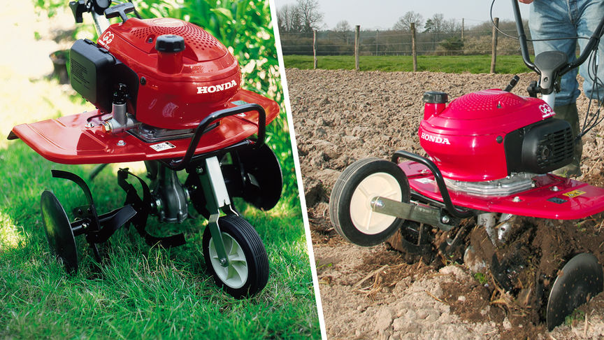 A sinistra: mini-motozappa, luogo di utilizzo: giardino. A destra: mini-motozappa, in uso, luogo di utilizzo: giardino.