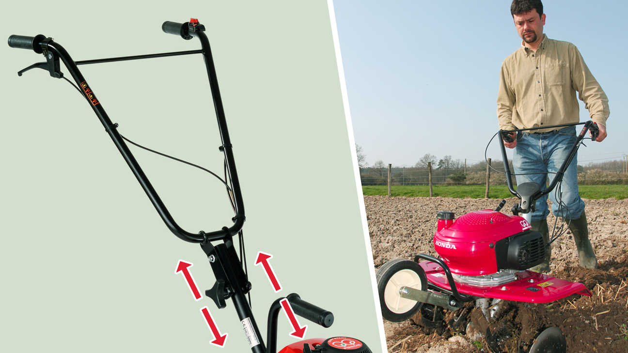 A sinistra: primo piano della stegola regolabile in altezza di una mini-motozappa. A destra: mini-motozappa in uso, luogo di utilizzo: giardino.
