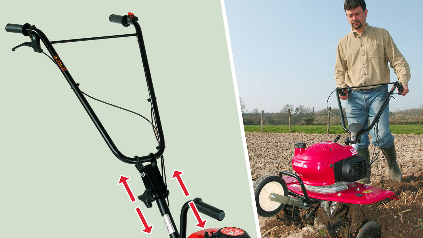 A sinistra: primo piano della stegola regolabile in altezza di una mini-motozappa. A destra: mini-motozappa in uso, luogo di utilizzo: giardino.