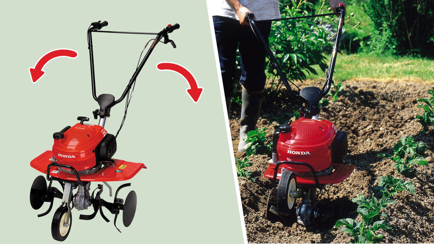 A sinistra: primo piano dell'impugnatura orientabile di una mini-motozappa. A destra: mini-motozappa, luogo di utilizzo: giardino.