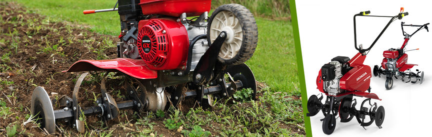 A sinistra: motozappa compatta, luogo di utilizzo: giardino. A destra: 2x motozappe compatte Honda.