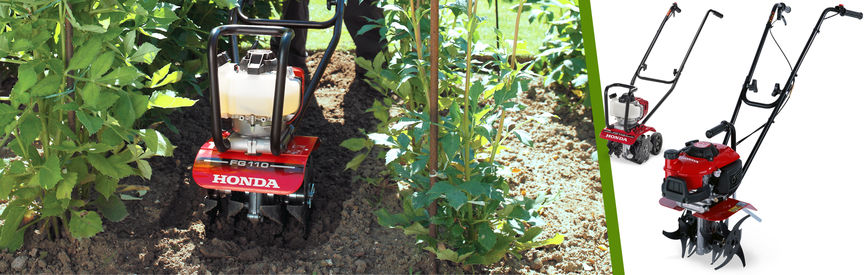 A sinistra: micro-motozappa Honda, luogo di utilizzo: giardino. A destra: 2x micro-motozappe, rivolte a sinistra.