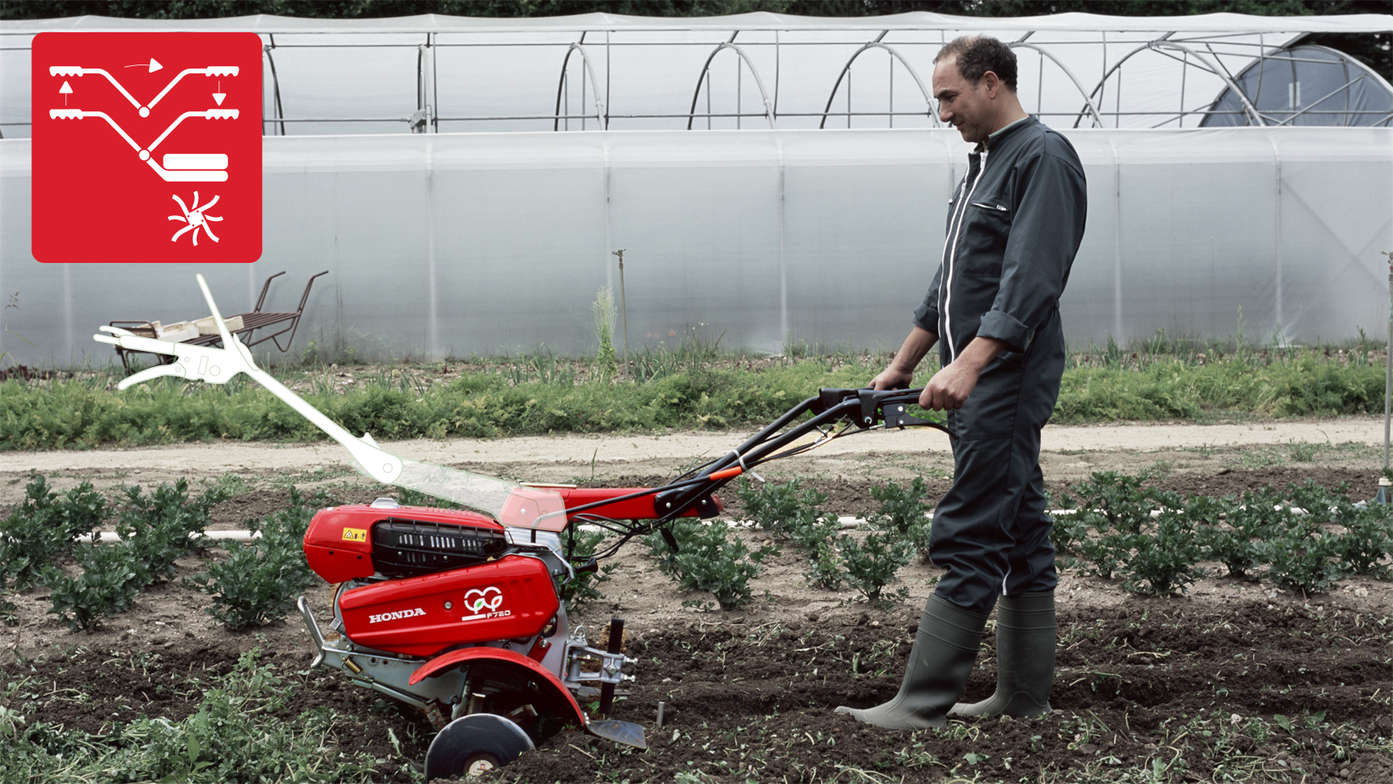 Motozappa versatile, con primo piano della stegola reversibile, utilizzata da un operatore, luogo di utilizzo: giardino.