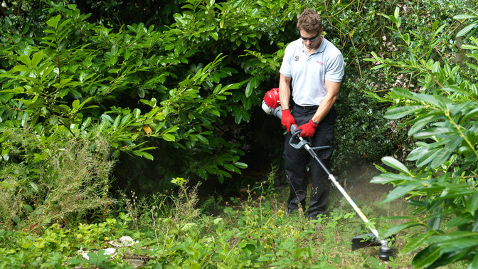 Honda Versatool con attrezzo decespugliatore, utilizzato da un modello, luogo di utilizzo: giardino.