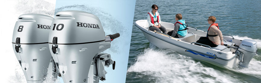 A sinistra: motori Honda Marine 2X. A destra: barca con motore Honda, utilizzata da modelli, località costiera.