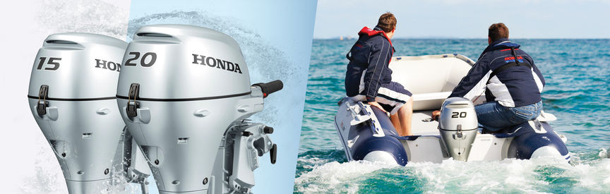 A sinistra: motori Honda Marine 2X. A destra: barca con motore Honda, utilizzata da modelli, località costiera.