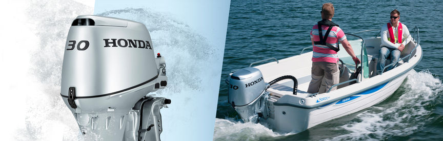 A sinistra: motore Honda Marine. A destra: barca con motore Honda, utilizzata da modelli, località costiera.
