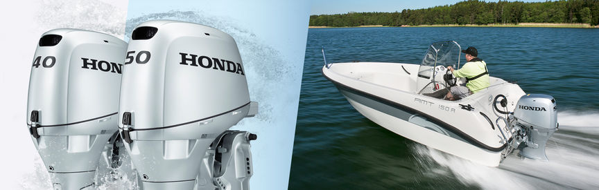 A sinistra: motori Honda Marine 2X. A destra: barca con motore Honda, utilizzata da modelli, lago.