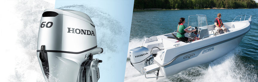 A sinistra: motore Honda Marine. A destra: barca con motore Honda, utilizzata da modelli, località costiera.