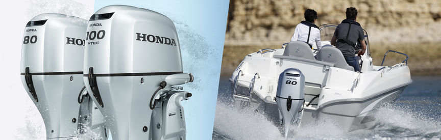 A sinistra: motori Honda Marine 2X. A destra: barca con motore Honda, utilizzata da modelli, località costiera.