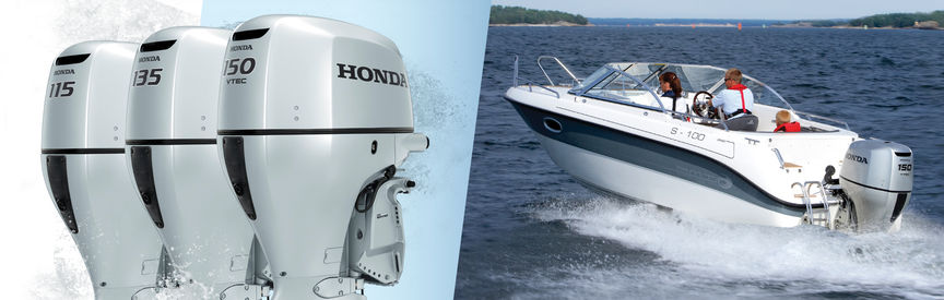 A sinistra: motori Honda Marine 3X. A destra: barca con motore Honda, utilizzata da modelli, località costiera.