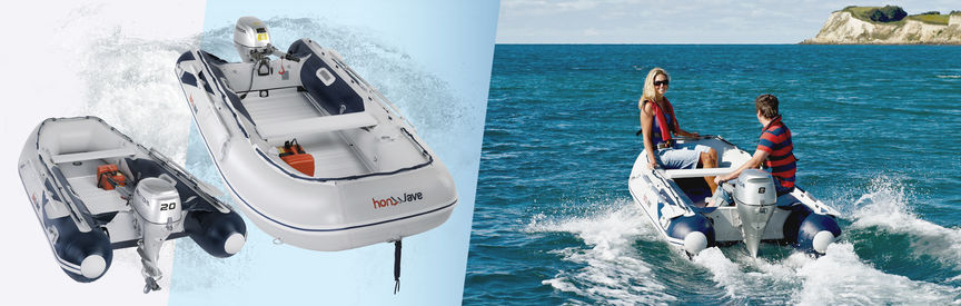 A sinistra: gommoni Honda 2X. A destra: gommone Honda, utilizzato da modelli, località costiera.