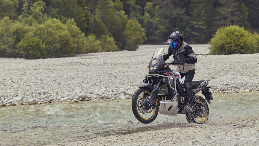 Pilota alla guida di XL750 Transalp in un luogo boschivo.