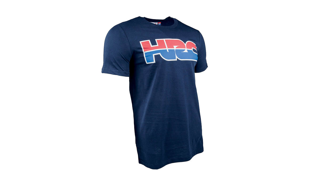 T-shirt da corsa HRC blu con logo Honda Racing Corporation.
