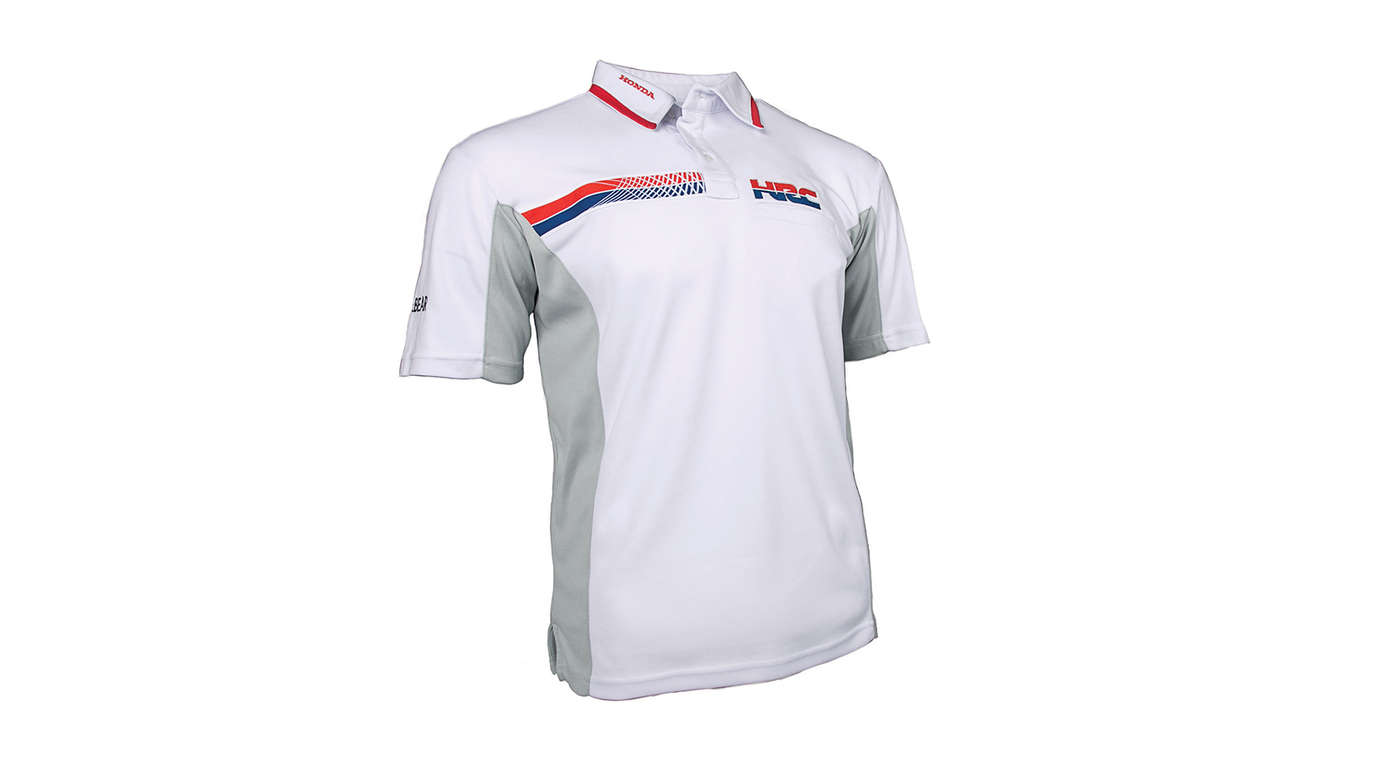 Polo da corsa bianca HRC, con logo Honda Racing Corporation.