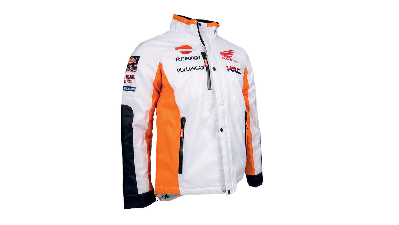 Giacca invernale Honda bianca con i colori del team MotoGP e logo Repsol.