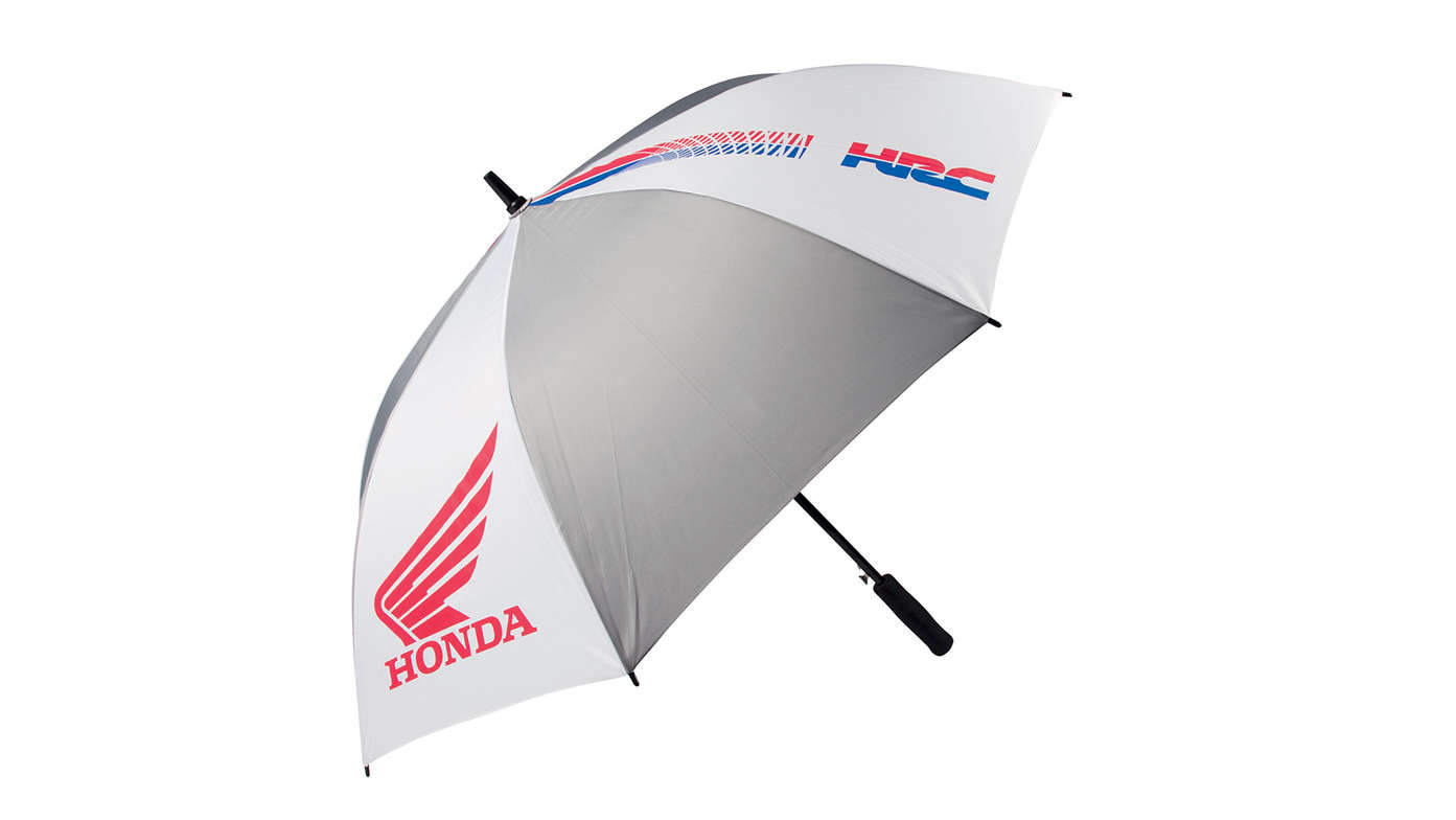 Ombrello Honda HRC grigio e bianco con i colori HRC con logo ali Honda.