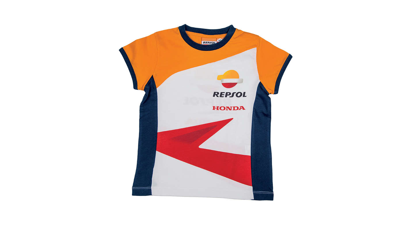 T-Shirt da bambini Honda Repsol con i colori Honda MotoGP e il logo Repsol.