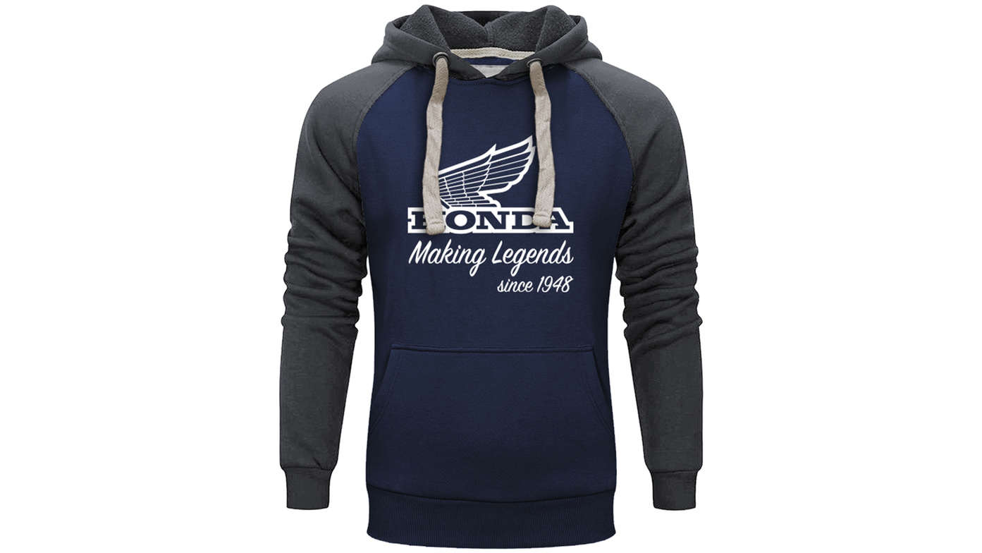 Felpa con cappuccio Honda vintage blu navy e grigia. 
