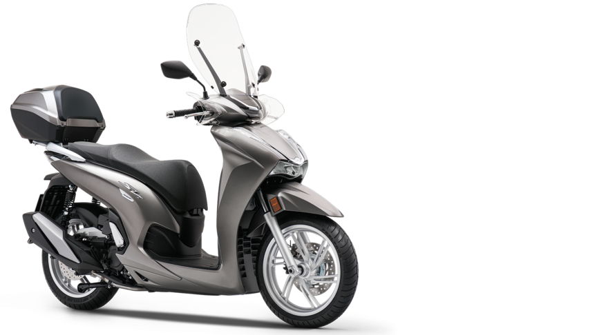 Vista anteriore di tre quarti di uno scooter Honda SH300i con portaoggetti superiore e parabrezza.