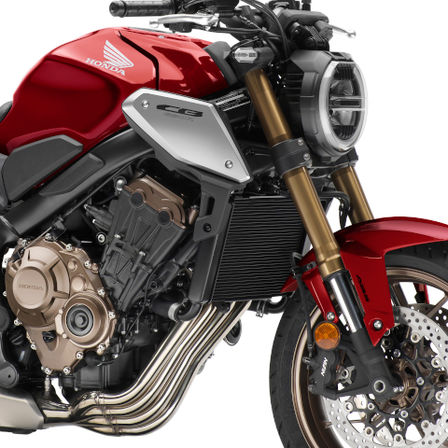 CB650R Neo Sports Café, lato destro, dettaglio del motore e della ruota anteriore, scatto in studio