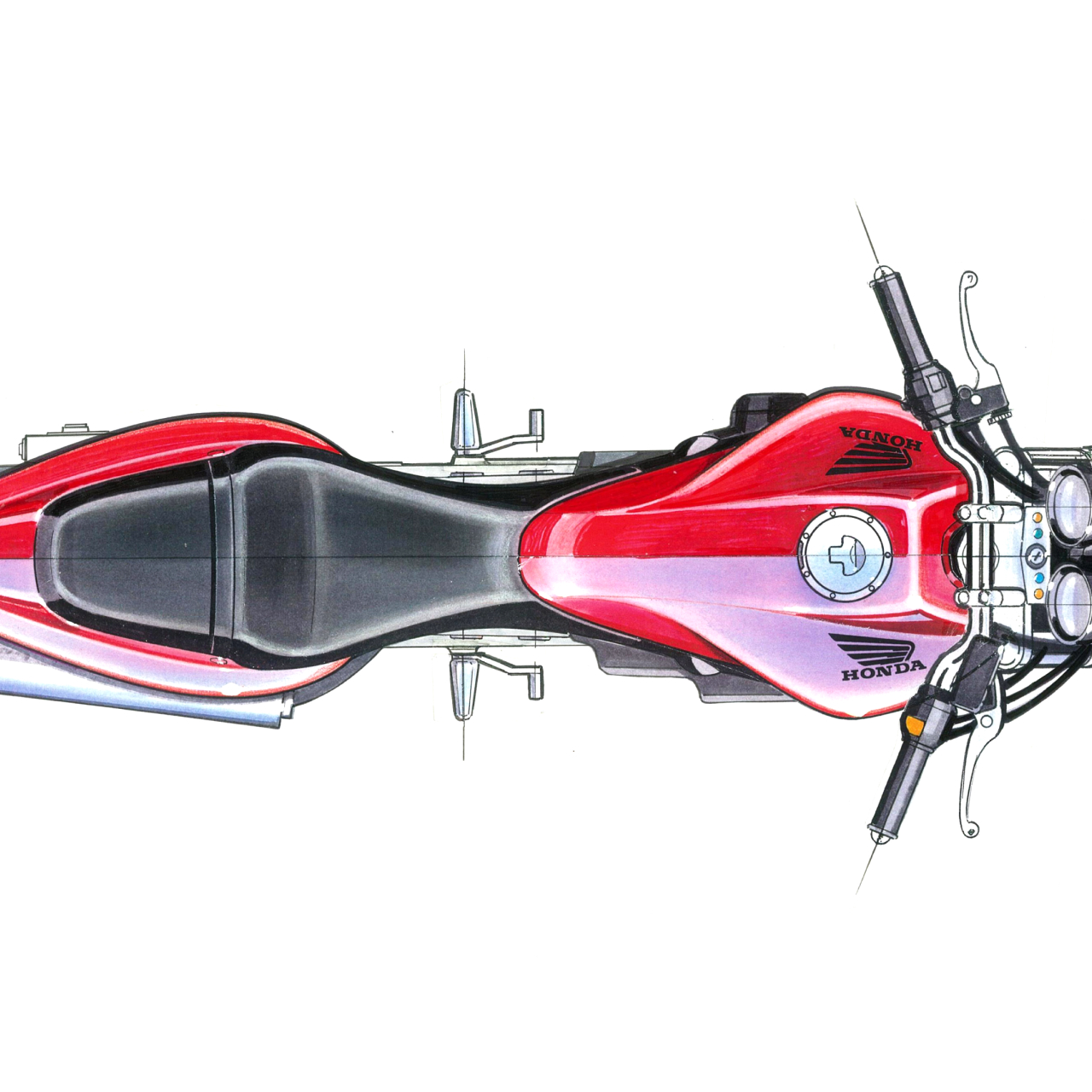 Vista dall'alto degli schizzi di progettazione della Honda Hornet.