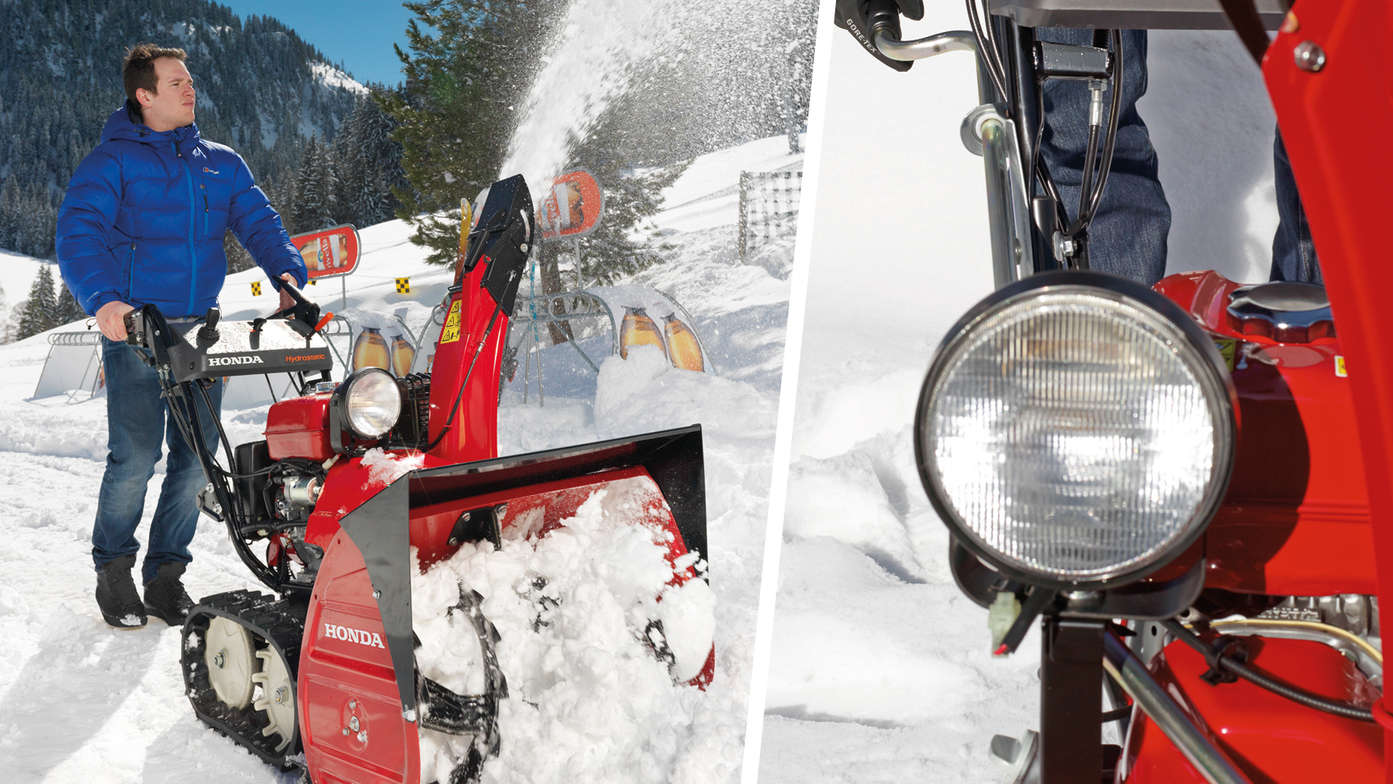 A sinistra: spazzaneve Serie 9 utilizzato da un operatore, in montagna. A destra: dettaglio del faro.