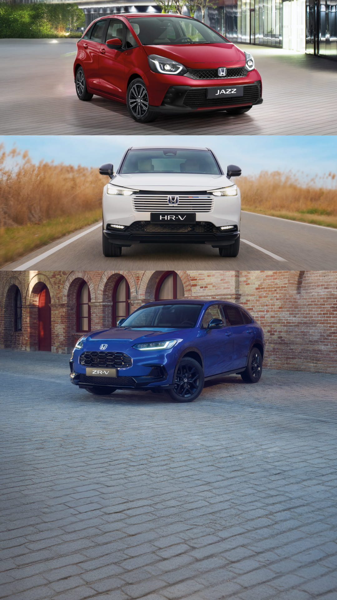 Vista frontale di ZR-V, HR-V e Jazz