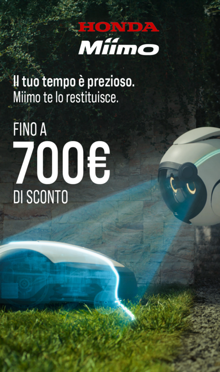 Promo Honda Miimo: robot rasaerba intelligente con fino a 700€ di sconto. Testo sull’immagine: ‘Il tuo tempo è prezioso. Miimo te lo restituisce."